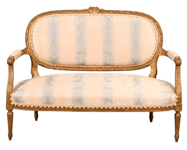 Louis XVI Style Carved Gilt Upholstered Settee (1 of 17)