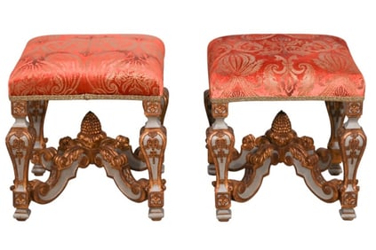 Pair Baroque Style Carved Gilt Painted Stools