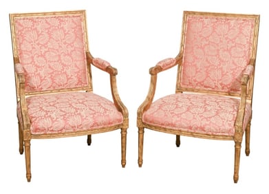 2 Vintage French Carved Gilt Fauteuils Armchairs
