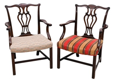 2 Chippendale Style Carved Upholstered Armchairs