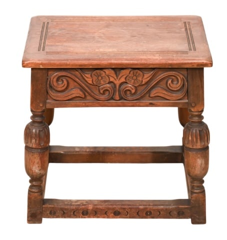 Kittinger William and Mary Style Hand Carved Stool: Kittinger William and Mary Style Hand Carved Walnut Stool.Measures 19 inches x 19 inches x 12.5 inches.
