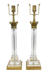 Pair Crystal Greek Column Form Table Lamps