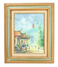 Mid C Oil Painting Hong Kong Street w Rickshaw