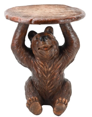 Black Forest Style Brown Bear Form Side Table: Black Forest Style Brown Bear Form Side Table or Wine Table. Of composite and hand painted. Measures 19 inches x 15 inches in diameter.