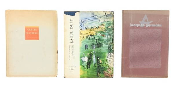 Germain, De Chirico, Dufy Vintage Art Portfolios: Jacques Germain, Giorgio De Chirico, Raoul Dufy Vintage Art Portfolios with Color Prints. Each measures approximately 15 inches x 12 inches. Wear is commensurate with age. Sold as is.