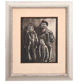 Antique Signed Linocut Print Depression Era Family