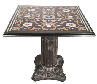 Pietra Dura Inlay Marble Top Column Pedestal Table