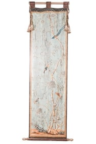 Asian Scroll Style Fresco Painting on Carved Panel