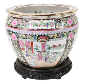Chinese Porcelain Rose Medallion Fish Bowl w Stand