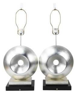 Pair Contemporary Silver Leaf Sculptural Lamps: Pair Contemporary Silver Leaf Sculptural Table Lamps with Black Shades. Each measures 33 inches x 14 inches x 8 inches without shades.