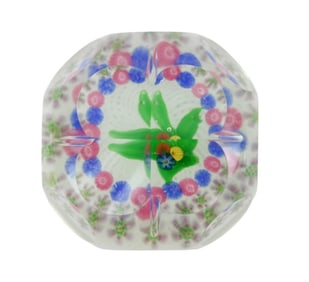 Millefiore Lampwork Faceted Paperweight w Garland