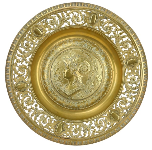 Antique Gilt Bronze Reticulated Armorial Charger: Antique Gilt Bronze Reticulated Armorial Charger with Hardware for Hanging. Measures 18 inches diameter.