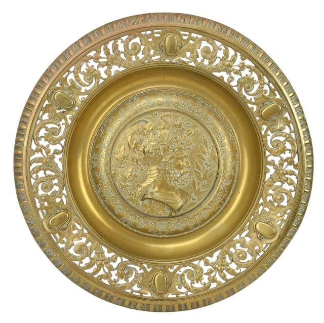 Antique Gilt Bronze Reticulated Armorial Charger: Antique Gilt Bronze Reticulated Armorial Charger with Hardware for Hanging. Measures 18 inches diameter.