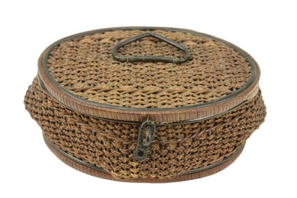 Antique Hand Woven Grass & Satin Sewing Box