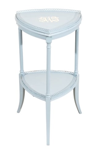 Petite Art Deco Hand Painted Blue Side Table: Petite Art Deco Hand Painted Blue Two Tier Monogrammed Side Table with Gallery.Measures 28 inches x 16 inches x 16 inches.