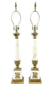 Pair Neoclassical Marble Brass Table Lamps