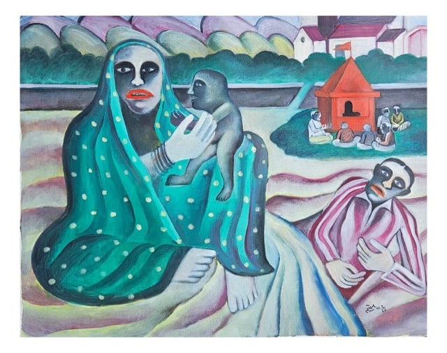 Attributed Bhupen Khakhar Oil on Canvas Paiting: Attributed Bhupen Khakhar Oil on Canvas Painting. Measures 34.5 inches x 8 inches. Any condition statement is given as a courtesy to a client, is only an opinion and should not be treated as a stateme