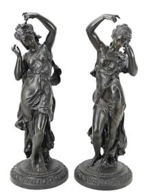 Pair Bacchanalian Women Patinated Bronze Sculpture
