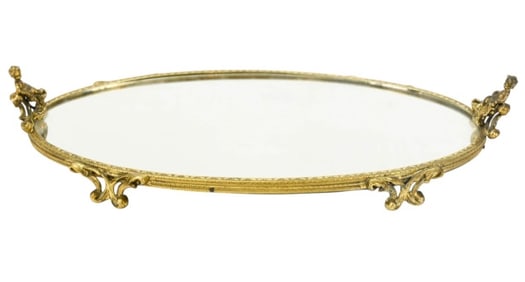 Mirrored Vanity Tray w Ormolu Base & Cherub Mounts