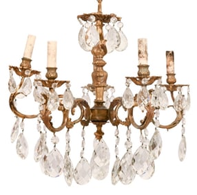 Vintage Rococo Bronze Crystal 5 Light Chandelier