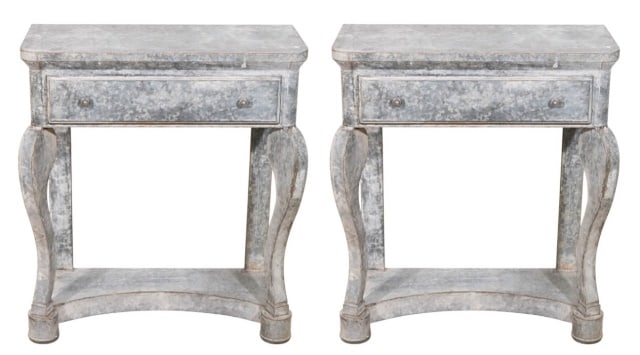 Louis Philippe Galvanized Steel Console Table: French Louis Philippe Style Galvanized Steel Hand Wrought Constructed Console Table with Drawer. Measures 35 inches x 30 inches x 14 inches.
