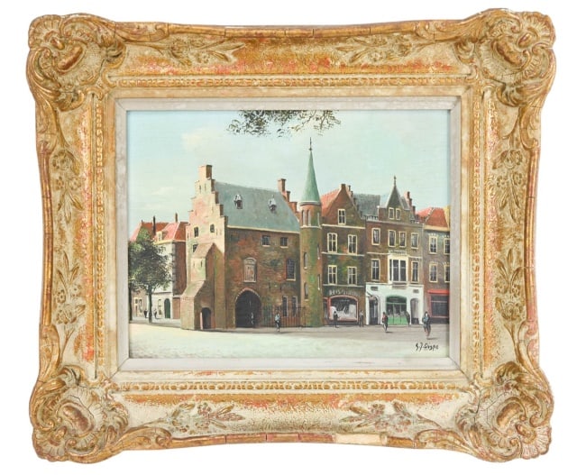 George Jan Dispo Signed Oil Painting Dutch Scene: George Jan Dispo, Dutch 1922-1973, Signed Oil Painting of Dutch Street Scene, Framed. Framed measures 12 inches x 14 inches, art measures 7 inches x 9 inches .
