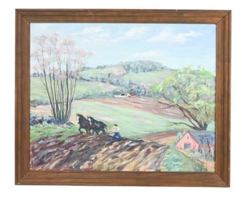 Mid C Oil Painting of Farm Landscape Framed