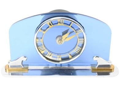 Art Deco Bem Ltd. Blue Glass Brass Electric Clock