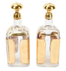 Pair Vintage Austrian Decanters w Gold Overlay
