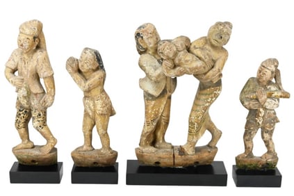 4 Thai Hand Carved and Painted Temple Figures