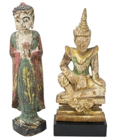 2 Antique Thai Hand Carved & Painted Buddhas