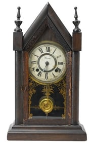 Antique Ansonia Gothic Glass Front Mantel Clock
