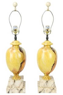 2 Contemporary Faux Marble Painted Urn Form Lamps: Pair Contemporary Faux Marble Hand Painted Urn Form Table Lamps. Each measures 30 inches x 7 inches.
