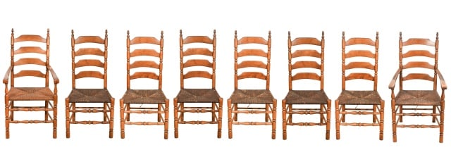 8 Antique Carved Rush Seat Ladder Back Chairs (1 of 15)
