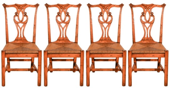4 Reclaimed Cherry Carved Rush Seat Side Chairs
