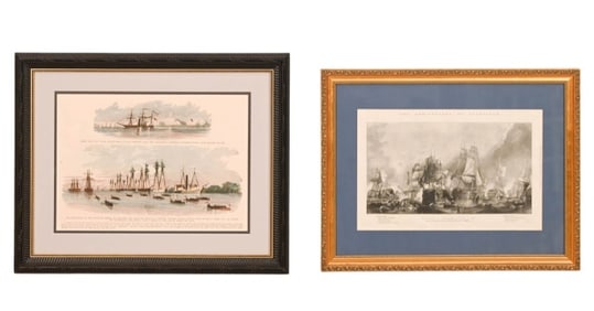 2 Antique Lithographs Ships Trafalgar & Seminole