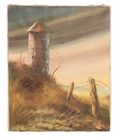 Everett Woodson Signed Oil Painting of Wheat Silo: Everett Woodson, American Born1933, Signed Oil Painting of Wheat Silo in Field, Unframed. Measures 20 inches x 16 inches.