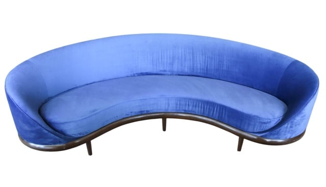 A. Rudin Modernist Curved Blue Velvet Sofa # 2769 (1 of 12)