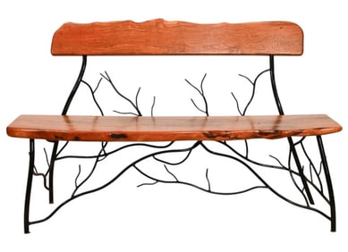 Custom Natural Carved Wood Slab Wrought Iron Bench