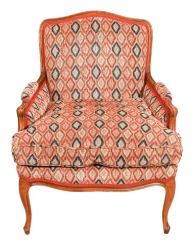 Antique Carved Upholstered Lounge Chair: Antique Hand Carved Custom Geometric Upholstered Lounge Chair.Measures 35 inches x 30 inches x 26 inches, seat height 18 inches.