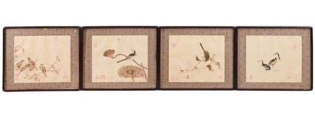 Set of 4 Chinese Watercolor  Ink Drawings on Silk