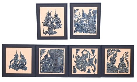 Set 6 Framed Thai Temple Rubbings Blue