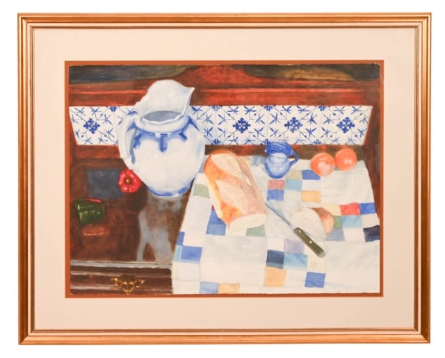 David Allen Dunlop Signed Watercolor Still Life: David Allen Dunlop Signed Watercolor Still Life Painting of Table Setting. Framed measures 33 inches x 50 inches, art measures 23 inches x 30 inches.