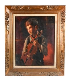 Richard Marcini Signed Oil Painting Boy w Violin
