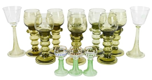 13 Hand Blown Bohemian Glass Etched Wine Glasses