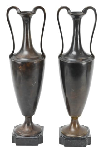 Pair Bronze & Marble Mounted 18 Inch Table Urns: Pair Bronze & Marble Mounted 18 Inch Table Urns. Each measures 18 inches x 5 inches in diameter.