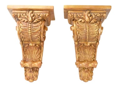 Pair Hand Painted Gold Leaf Plaster Wall Brackets