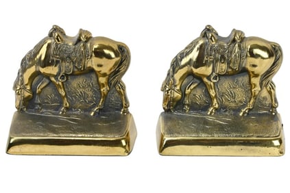 Pair Brass Western Saddle Horse Bookends