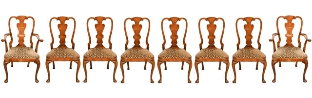 8 Antique Queen Anne Carved Upholstered Chairs