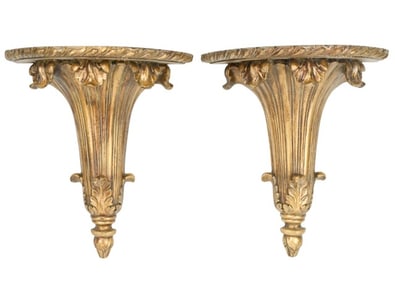 Pair Gilt Rococo Wall Display Shelves w Acanthus